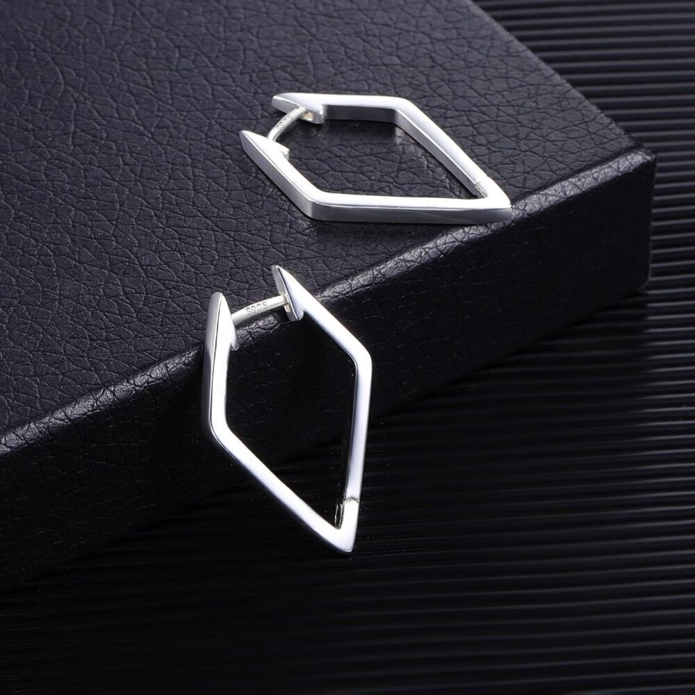 925 Sterling Silver Star Rhombus Hoop Earrings for Women Hypoallergenic Gift - Picture 5 of 6